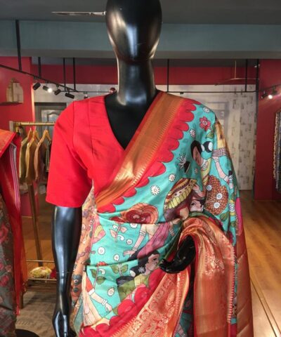Teal Banarasi Dupion Silk Saree highlighted with Kalamkari Prints and Silk Border