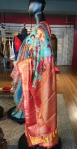 Teal Banarasi Dupion Silk Saree highlighted with Kalamkari Prints and Silk Border - Image 6