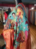 Teal Banarasi Dupion Silk Saree highlighted with Kalamkari Prints and Silk Border - Image 7
