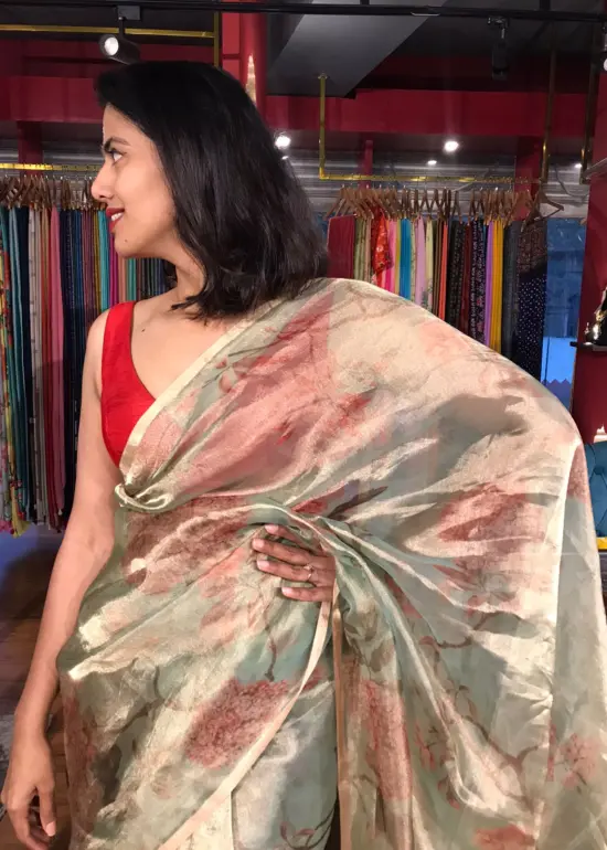 Sea Green Printed Tissue Silk Saree