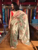 Sea Green Printed Tissue Silk Saree - Image 4