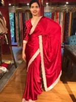 Dark Red Crepe Silk Saree highlighted with Hand Embroidery - Image 2