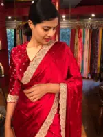 Dark Red Crepe Silk Saree highlighted with Hand Embroidery - Image 3