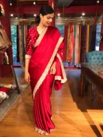 Dark Red Crepe Silk Saree highlighted with Hand Embroidery - Image 4