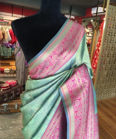 Sea Green Banarasi Silk Saree highlighted with gold  weaves