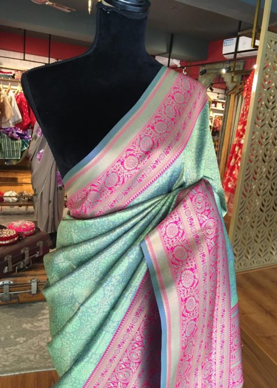 Sea Green Banarasi Silk Saree highlighted with gold  weaves