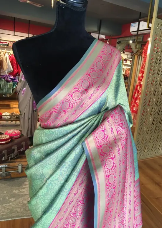 Sea Green Banarasi Silk Saree highlighted with gold  weaves