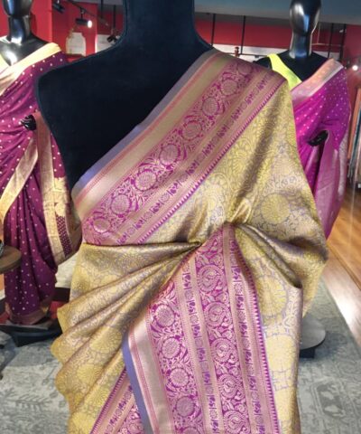 Mustard Yellow Banarasi Silk Saree highlighted with gold  weaves