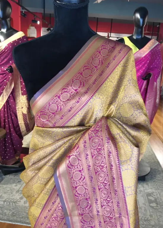 Mustard Yellow Banarasi Silk Saree highlighted with gold  weaves