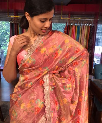 Blush Pink Printed Tissue Georgette Silk Saree with Embroidered Scalloped Border