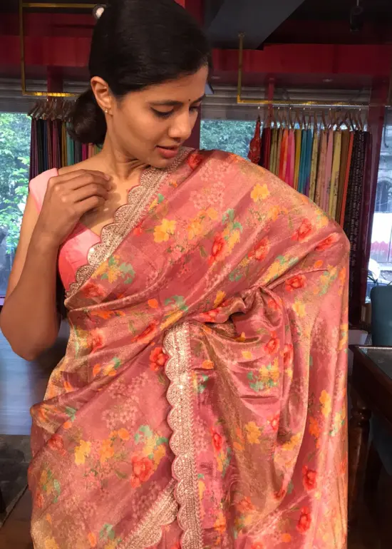 Blush Pink Printed Tissue Georgette Silk Saree with Embroidered Scalloped Border