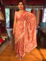 Blush Pink Printed Tissue Georgette Silk Saree with Embroidered Scalloped Border - Image 3