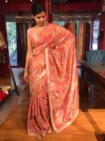 Blush Pink Printed Tissue Georgette Silk Saree with Embroidered Scalloped Border - Image 2