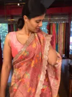 Blush Pink Printed Tissue Georgette Silk Saree with Embroidered Scalloped Border - Image 4