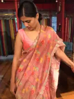 Blush Pink Printed Tissue Georgette Silk Saree with Embroidered Scalloped Border - Image 6