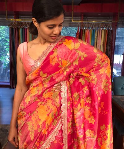 Pink Printed Tissue Georgette Silk Saree highlighted with Embroidered Border