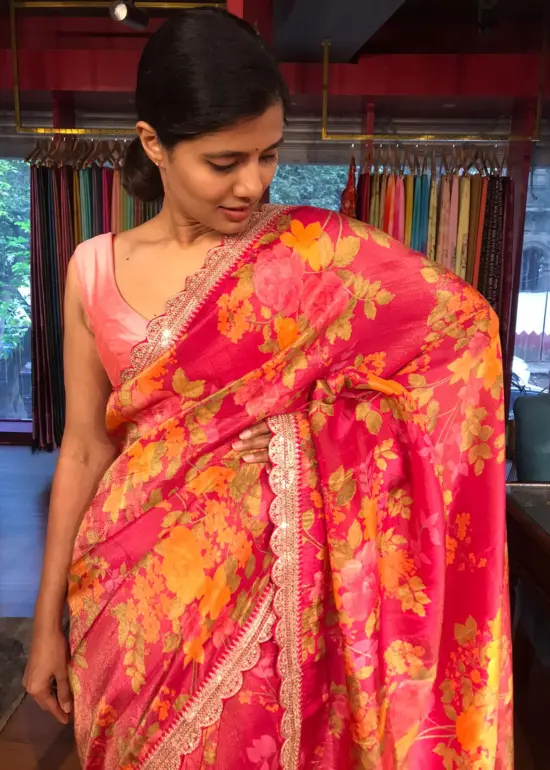Pink Printed Tissue Georgette Silk Saree highlighted with Embroidered Border