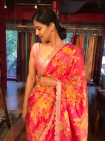 Pink Printed Tissue Georgette Silk Saree highlighted with Embroidered Border - Image 4