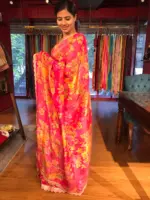 Pink Printed Tissue Georgette Silk Saree highlighted with Embroidered Border - Image 3