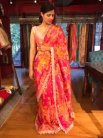 Pink Printed Tissue Georgette Silk Saree highlighted with Embroidered Border - Image 5