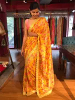 Yellow Printed Tissue Georgette Silk Saree highlighted with Embroidered Border - Image 4