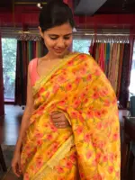 Yellow Printed Tissue Georgette Silk Saree highlighted with Embroidered Border - Image 8
