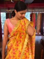 Yellow Printed Tissue Georgette Silk Saree highlighted with Embroidered Border - Image 2