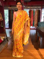 Yellow Printed Tissue Georgette Silk Saree highlighted with Embroidered Border - Image 3