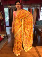 Yellow Printed Tissue Georgette Silk Saree highlighted with Embroidered Border - Image 6