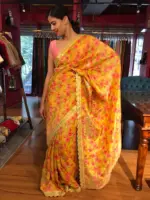 Yellow Printed Tissue Georgette Silk Saree highlighted with Embroidered Border - Image 7