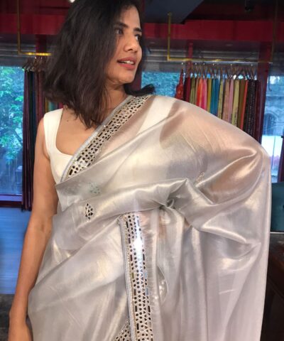 Silver Grey Tissue Organza Silk Saree beautifully Embroidered with Mirrors