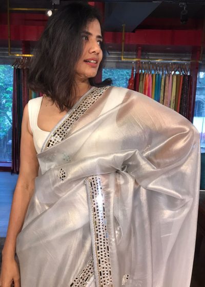 Silver Grey Tissue Organza Silk Saree beautifully Embroidered with Mirrors