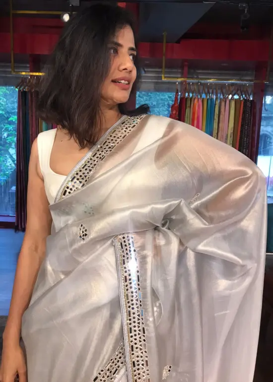 Silver Grey Tissue Organza Silk Saree beautifully Embroidered with Mirrors