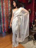 Silver Grey Tissue Organza Silk Saree beautifully Embroidered with Mirrors - Image 2