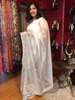 Silver Grey Tissue Organza Silk Saree beautifully Embroidered with Mirrors - Image 3