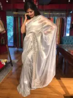 Silver Grey Tissue Organza Silk Saree beautifully Embroidered with Mirrors - Image 5