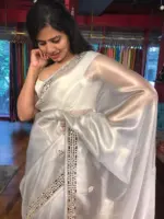 Silver Grey Tissue Organza Silk Saree beautifully Embroidered with Mirrors - Image 4