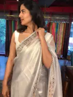 Silver Grey Tissue Organza Silk Saree beautifully Embroidered with Mirrors - Image 6