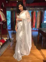 Silver Grey Tissue Organza Silk Saree beautifully Embroidered with Mirrors - Image 8