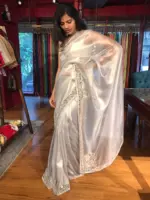 Silver Grey Tissue Organza Silk Saree beautifully Embroidered with Mirrors - Image 7