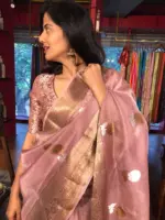 Nude Pink Organza Silk Saree with Kadwa Gold and Silver Zari Motifs - Image 2