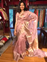 Nude Pink Organza Silk Saree with Kadwa Gold and Silver Zari Motifs - Image 3