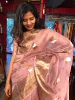 Nude Pink Organza Silk Saree with Kadwa Gold and Silver Zari Motifs