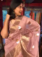 Nude Pink Organza Silk Saree with Kadwa Gold and Silver Zari Motifs - Image 4