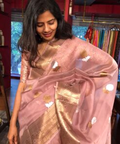 Nude Pink Organza Silk Saree with Kadwa Gold and Silver Zari Motifs