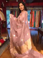 Nude Pink Organza Silk Saree with Kadwa Gold and Silver Zari Motifs - Image 5