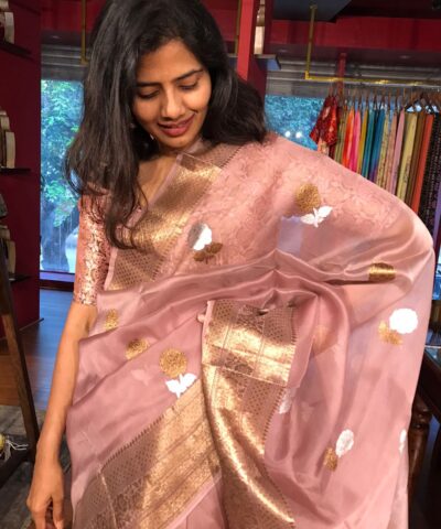 Nude Pink Organza Silk Saree with Kadwa Gold and Silver Zari Motifs