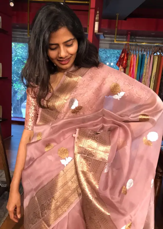 Nude Pink Organza Silk Saree with Kadwa Gold and Silver Zari Motifs