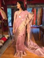 Nude Pink Organza Silk Saree with Kadwa Gold and Silver Zari Motifs - Image 6