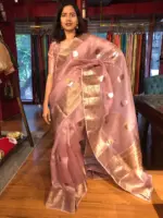 Nude Pink Organza Silk Saree with Kadwa Gold and Silver Zari Motifs - Image 8